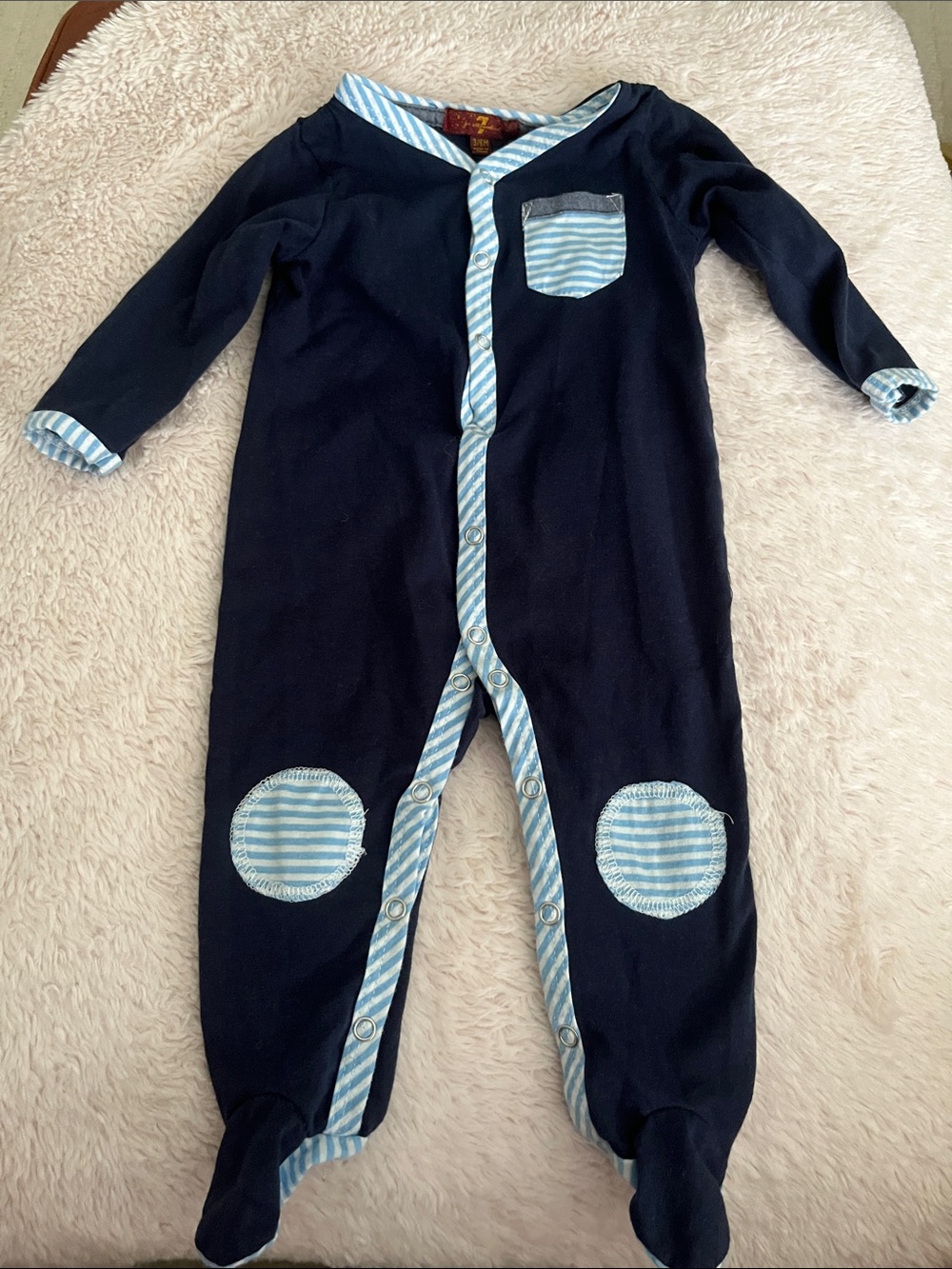 7 For All Mankind Navy Footed One-Piece with Light Blue Stripe Accents